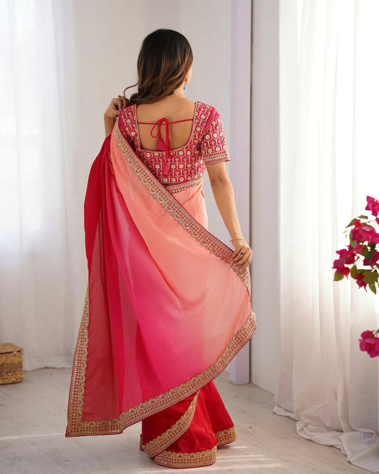 Exclusive Collection Red Pink Party Wear Chinon Salk Saree - Swadesiicart