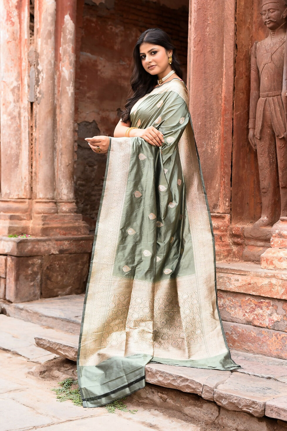Joban Fashion Dusty Olive Banarasi Katan Pure Handloom Silk Saree | Swadesiicart