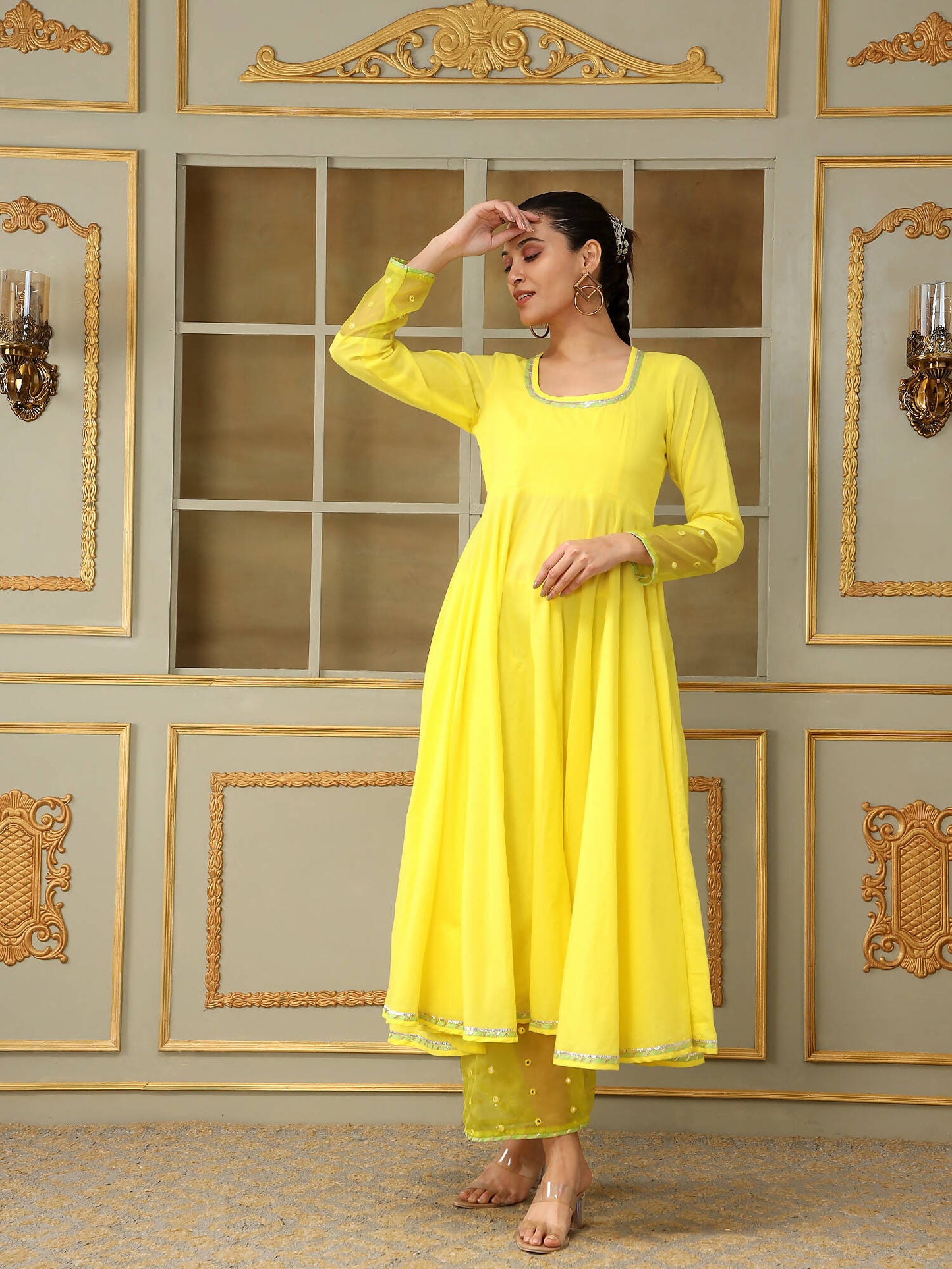 Pomcha Jaipur Yellow Saadgi Yellow Mirror Work Anarkali Set | Swadesiicart