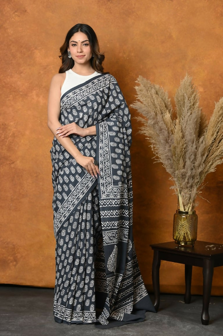 Very Much Indian Handblock Printed Cotton Saree With Natural Dyes - Black White | Swadesiicart