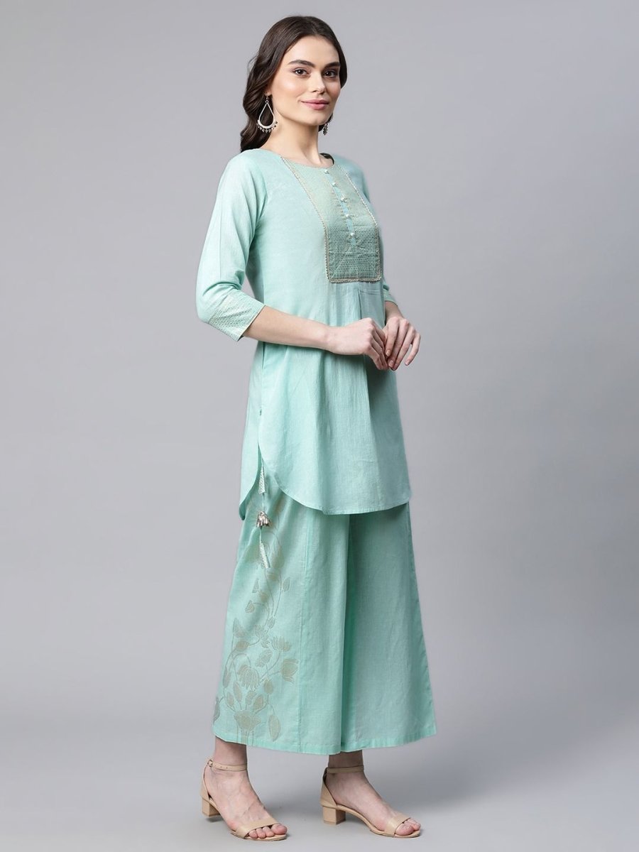 Ahalyaa Women Teal Pure Cotton Gold Foil Printed Pakistani Style Kurta Palazzo Set | Swadesiicart