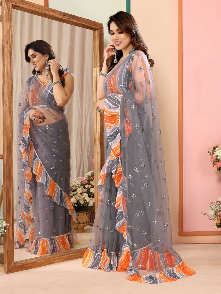 Partywear Designer Grey Net Fancy Saree - Dyuti | Swadesiicart
