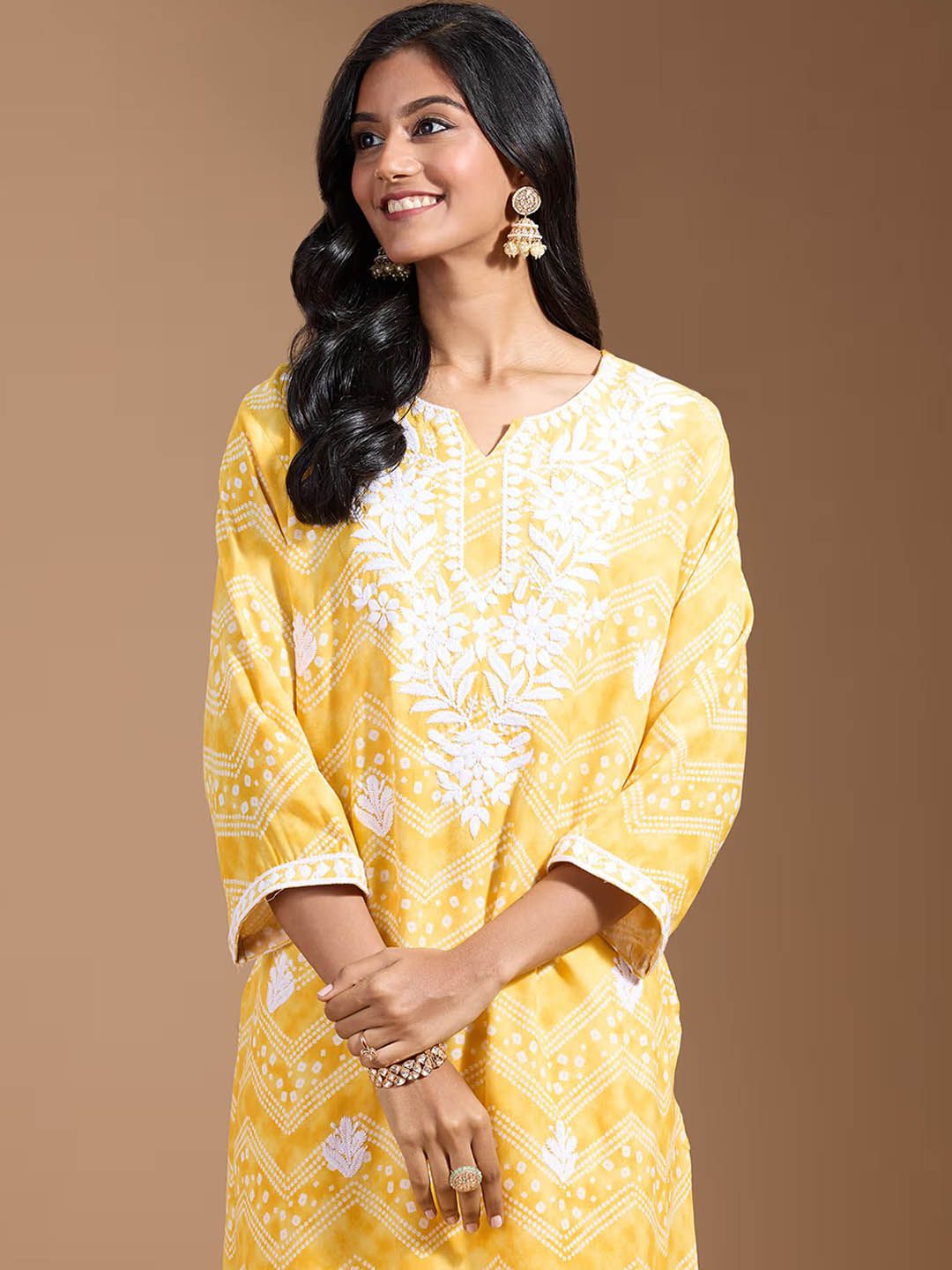 Ode by House of Pataudi Women Geometric Embroidered Flared Sleeves Chikankari Kurta | Swadesiicart