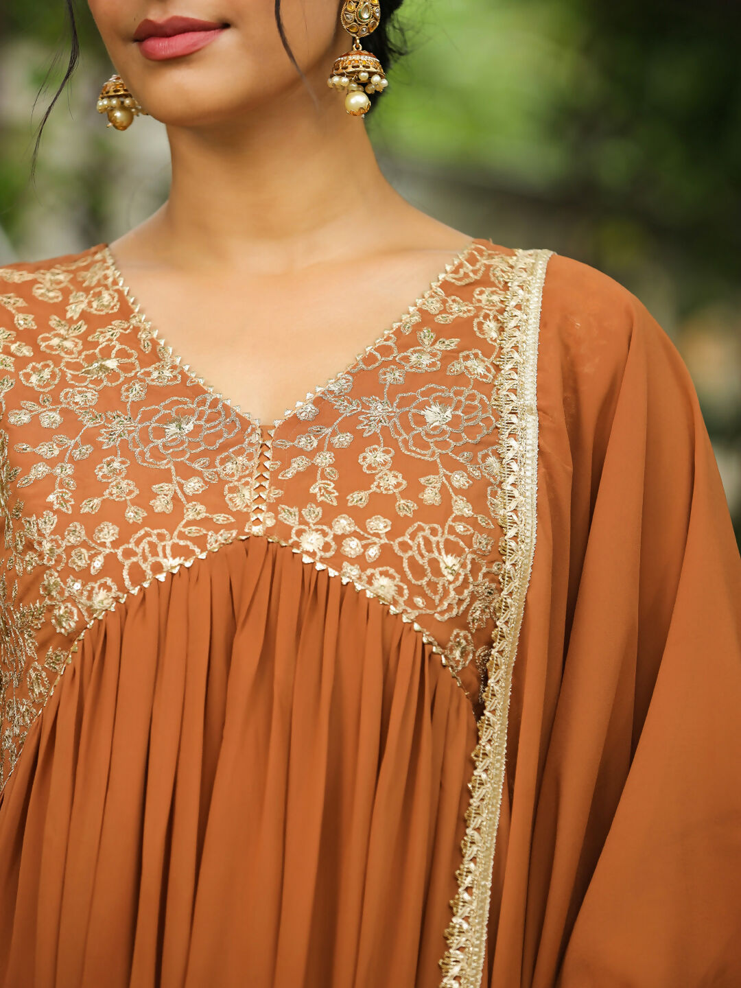 Janasya Brown Georgette Yoke Embroidery Kurta,Bottom & Dupatta | Swadesiicart