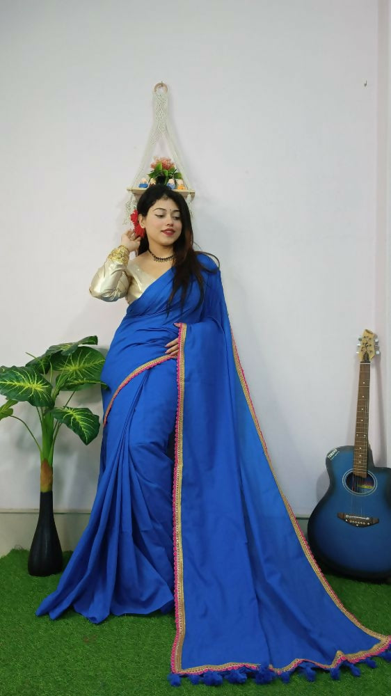 Exclusive Collection Beautiful Khadi Cotton Handloom Saree With Beautiful Zari Border - Blue - Swadesiicart