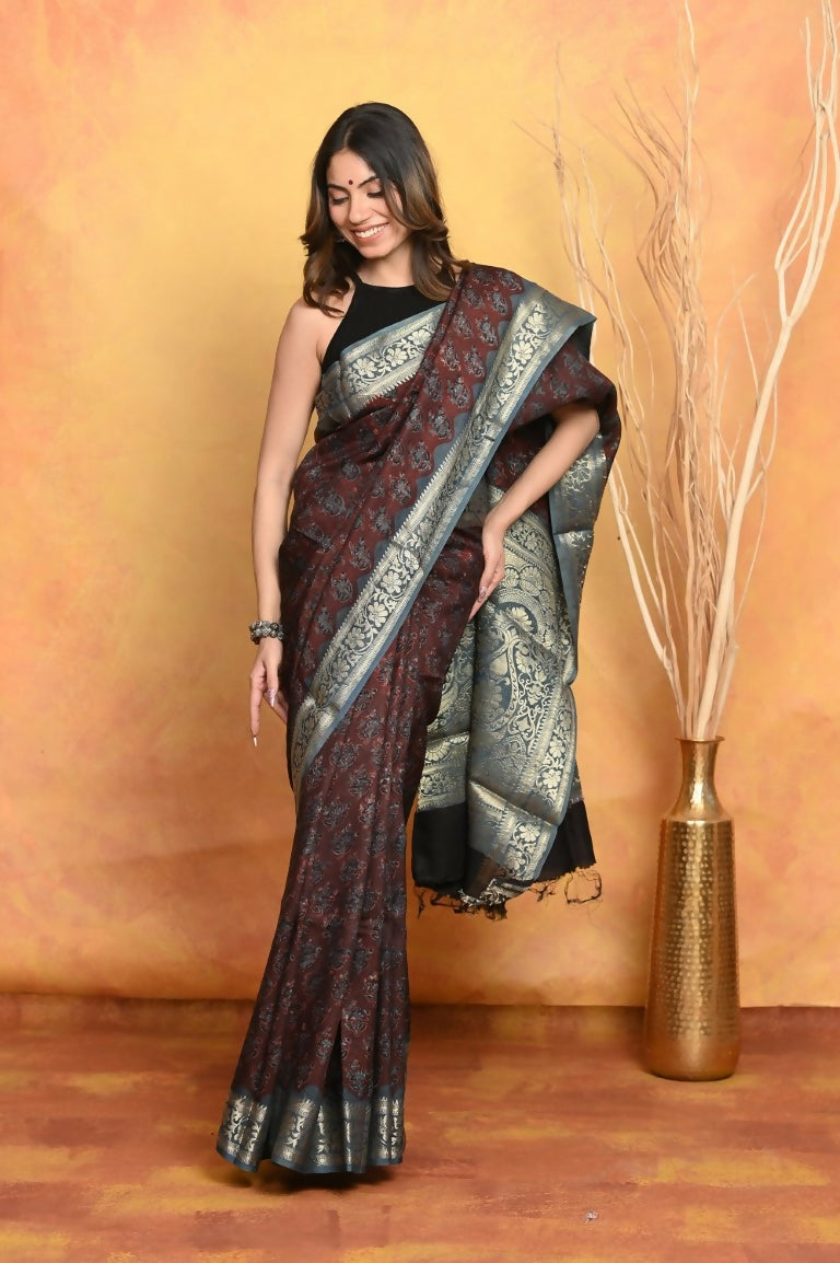 Very Much Indian Modal Silk Ajrakh Handblock Printed Natural Dyes With Designer Border Saree - Dark Maroon | Swadesiicart