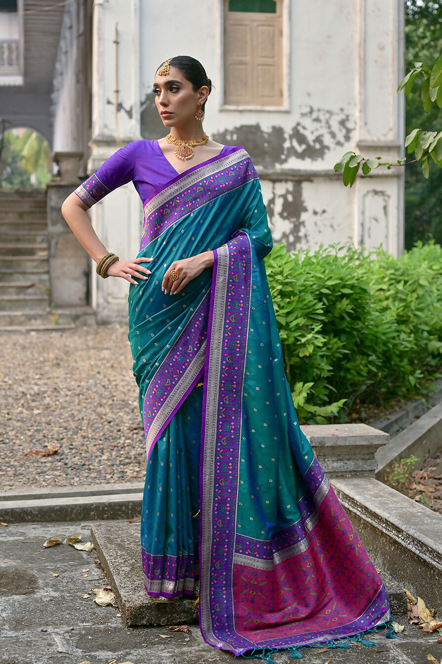 Vishnu Weaves Women's Rama Banarasi Silk Woven Saree with Blouse - Swadesiicart