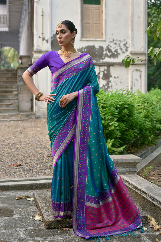 Vishnu Weaves Women's Rama Banarasi Silk Woven Saree with Blouse - Swadesiicart
