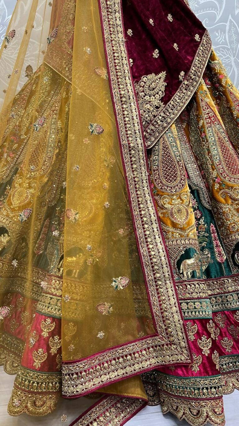 Jyoti Fashion Women's Mustard Velvet Multi Thread Embroidered, Patch Work with Zircon Diamond Wedding Lehenga Choli | Swadesiicart