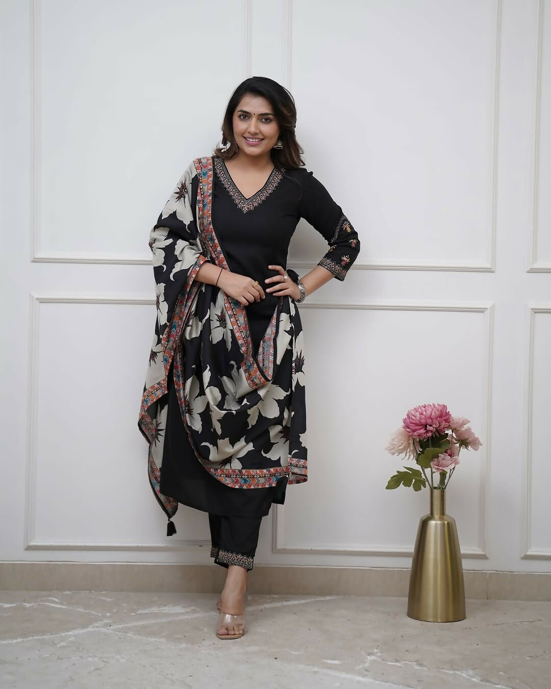 The52 Black Women's Beautiful Viscose Silk Fabric Embroidered Work Straight Kurta Pant and Dupatta Set - Swadesiicart