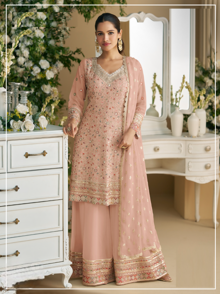Anaita Peach Embroderied Faux Georgette Stitched Plazzo Suit