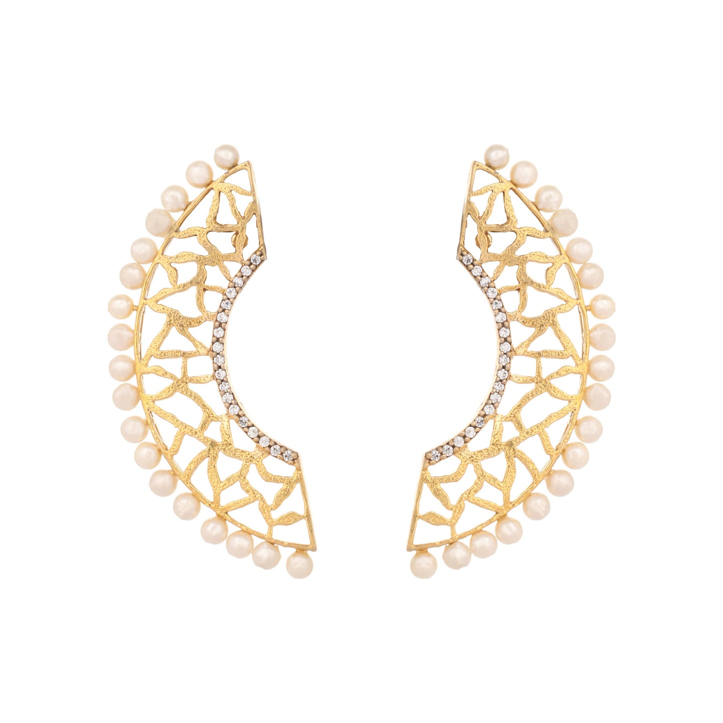 Nuyug 22K Gold-Plated Zircon Studded & Pearl Beaded Contemporary Shaped Statement Stud Earrings | Swadesiicart