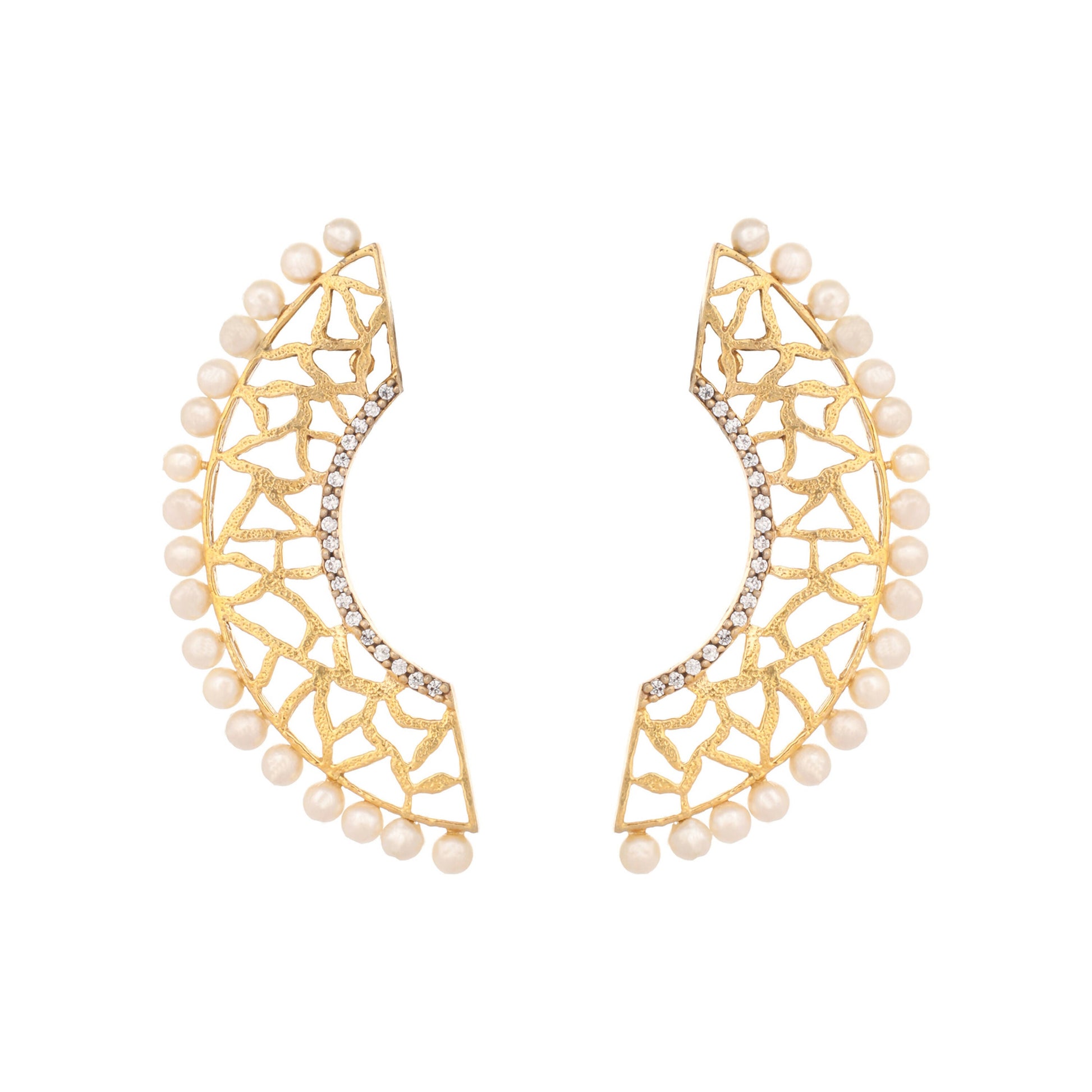 Nuyug 22K Gold-Plated Zircon Studded & Pearl Beaded Contemporary Shaped Statement Stud Earrings | Swadesiicart