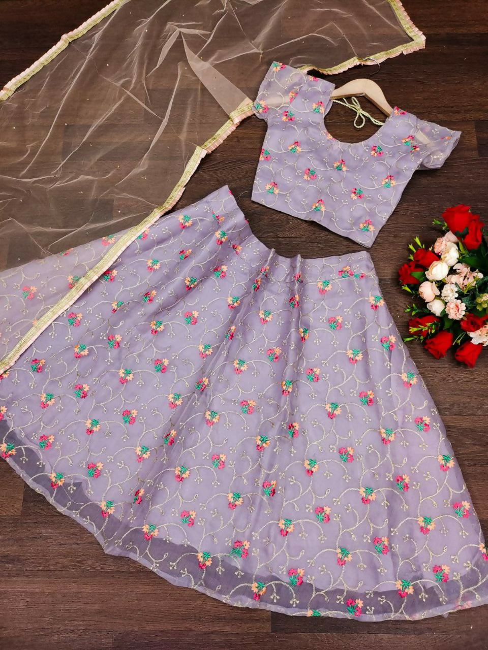 Jyoti Fashion Beautiful Purple Organza Silk Embroidered Kids Lehenga Choli Set | Swadesiicart