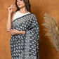 Very Much Indian Handblock Printed Cotton Saree With Natural Dyes - Black White | Swadesiicart