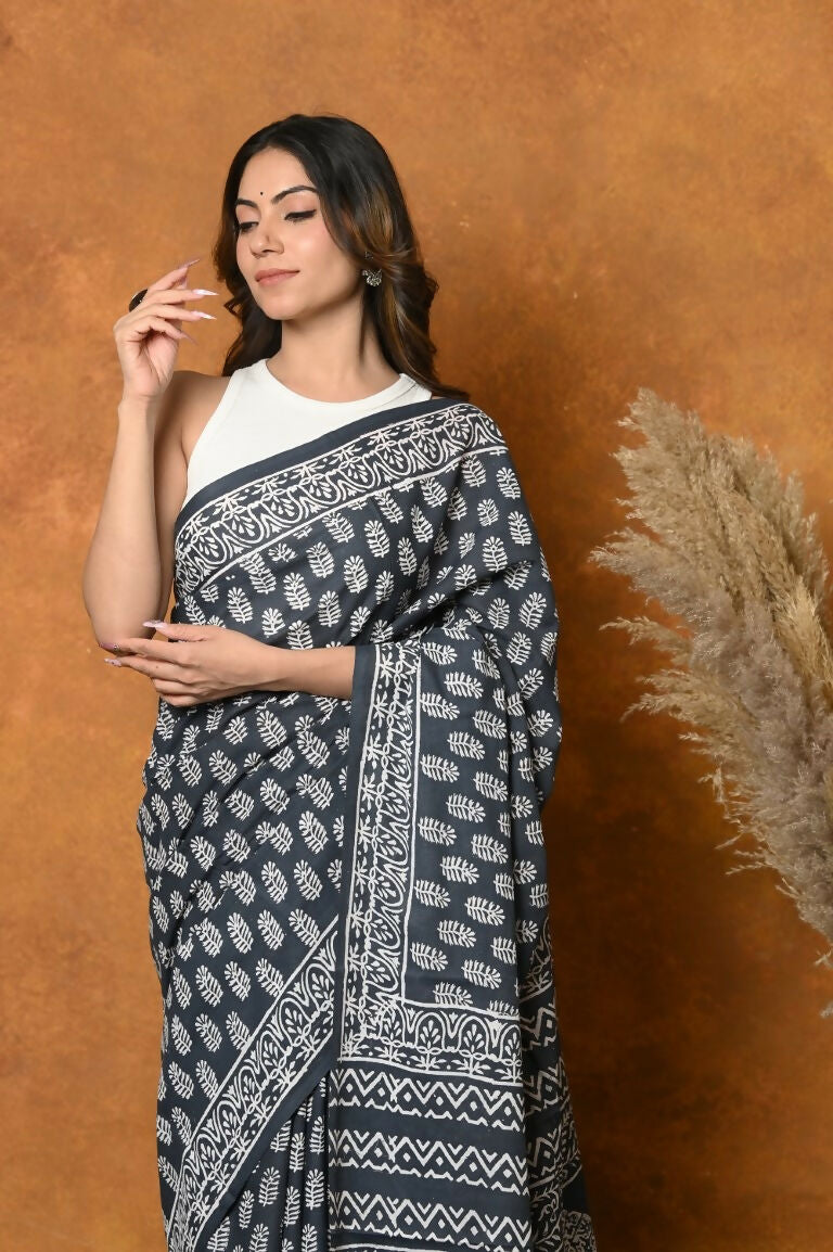 Very Much Indian Handblock Printed Cotton Saree With Natural Dyes - Black White | Swadesiicart