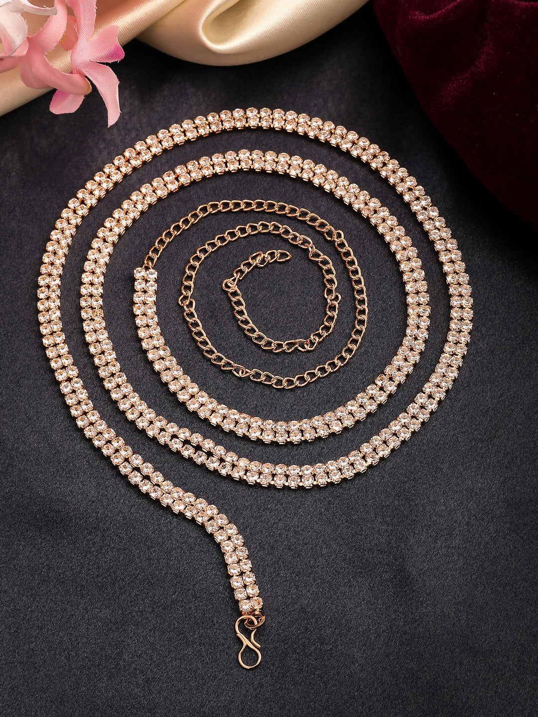NVR Women's Rose Gold-Polished AD-Studded Double Layered Kamarbandh Waist Chain | Swadesiicart