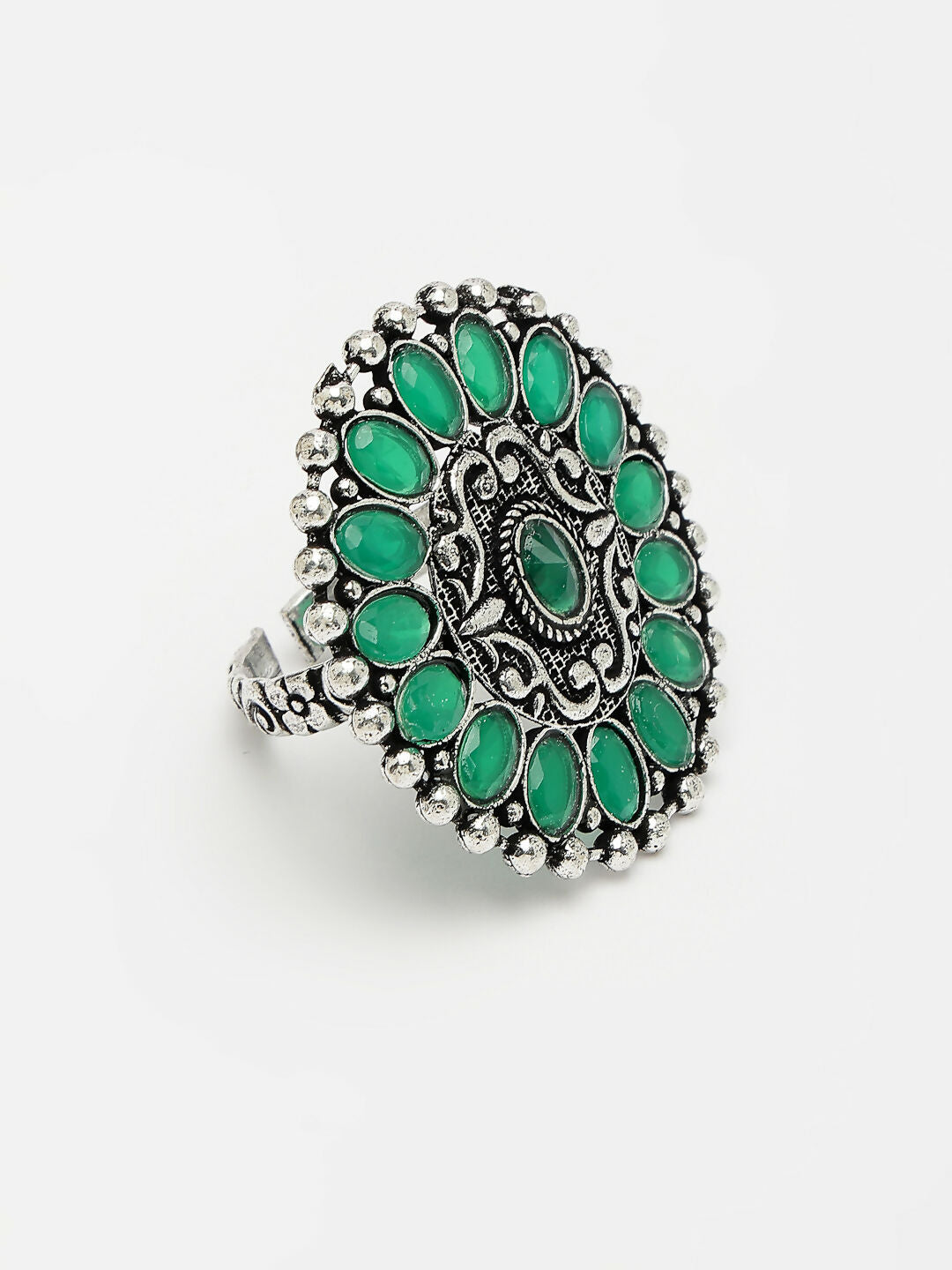 NVR Women's Green Silver-Plated Circular Shape Adjustable Finger Ring | Swadesiicart
