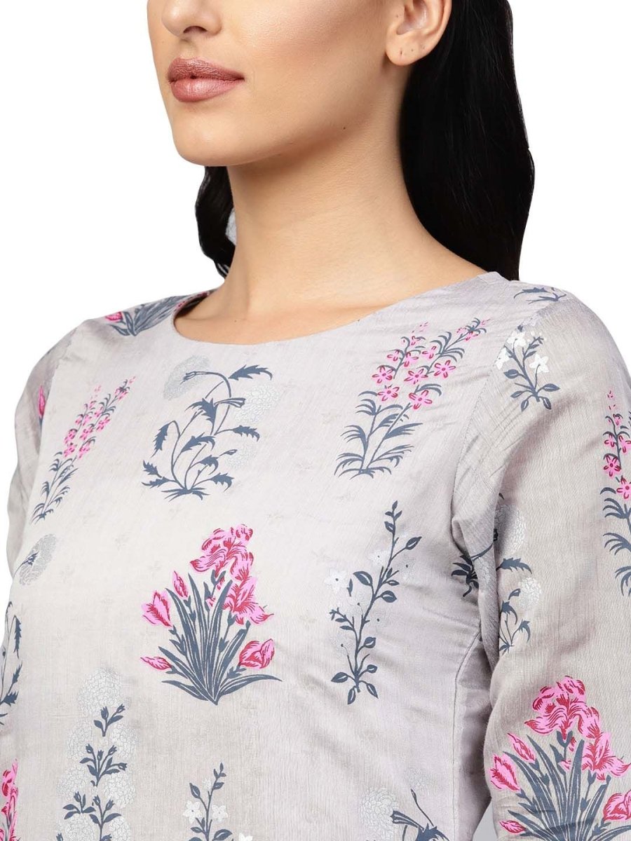 Ahalyaa Women Grey Chanderi Silk Printed Kurta Pant Set | Swadesiicart