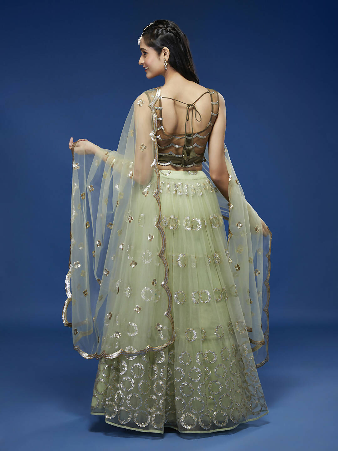 House of Panchhi Lime Green Net Embroideried Round Sequins Lehenga | Swadesiicart