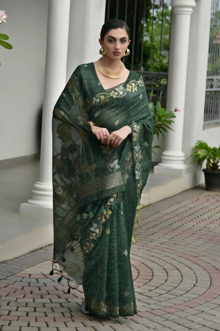 Vishnu Weaves Women's Green Linen Silk Zari Weaving Saree with Blouse - Swadesiicart