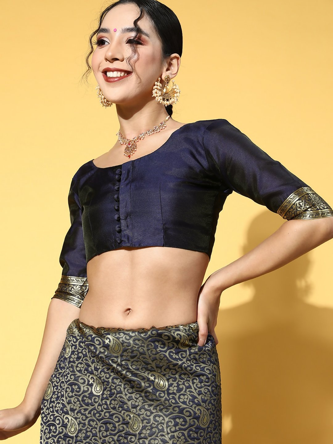 Saree Mall Navy Blue & Gold-Toned Ethnic Motifs Zari Silk Blend Banarasi Sarees | Swadesiicart