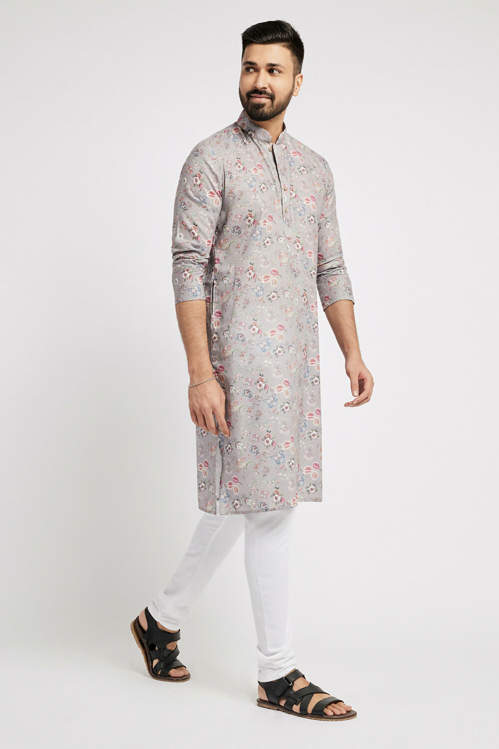 Ethnic India Grey Men's Kurta Floral Polyester | Swadesiicart