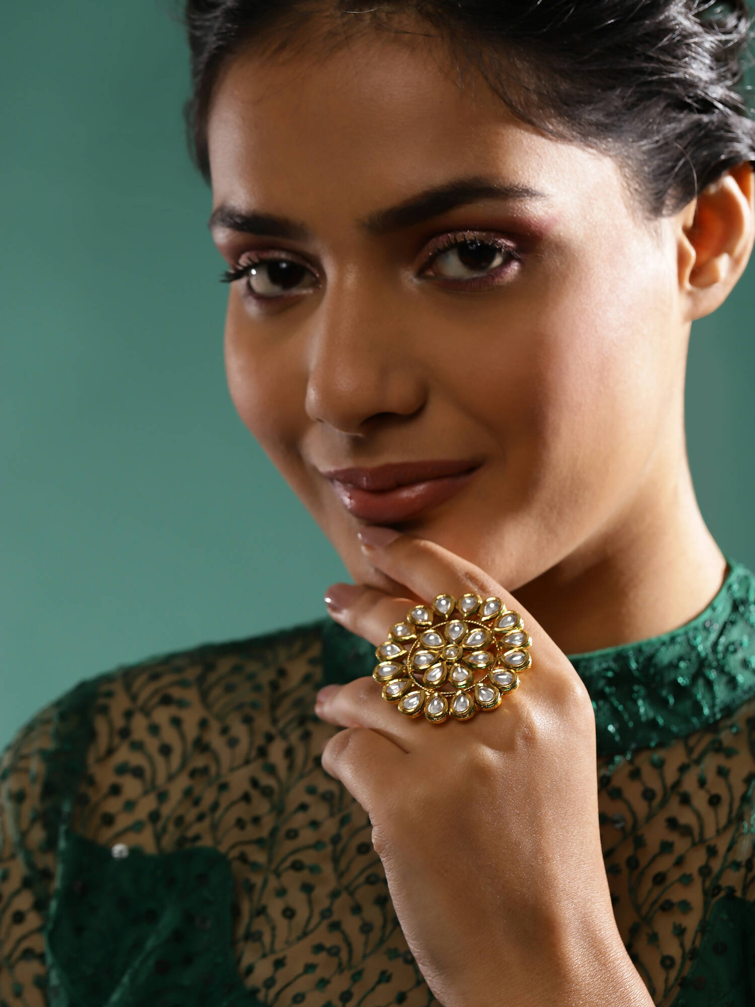 Gold-Polished White Kundan-Studded Adjustable Finger Ring - Ruby Raang | Swadesiicart