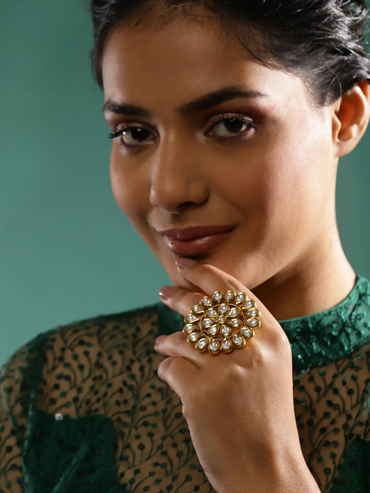 Gold-Polished White Kundan-Studded Adjustable Finger Ring - Ruby Raang | Swadesiicart