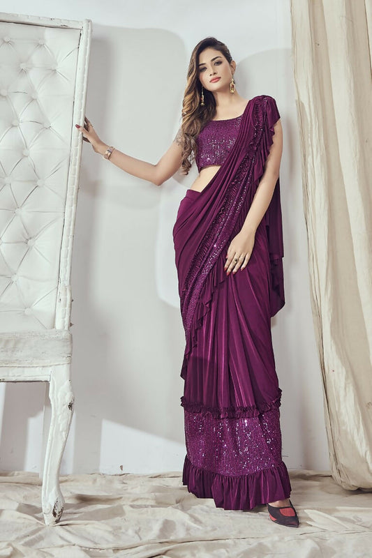Mahotsav Women's Magenta Lycra Embellished Ready To Wear Saree With Stitched Blouse | Swadesiicart
