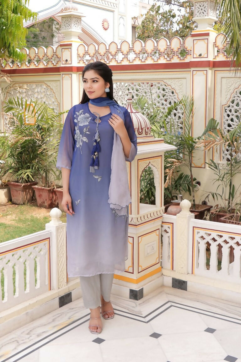 Vaasva Women Blue Tabby Slik Print & Embroidered Kurta, Pant & Dupatta Set | Swadesiicart