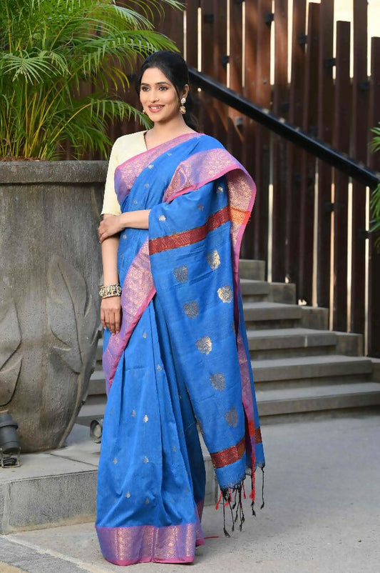 Beatitude Blue Cotton Banarasi Saree | Swadesiicart