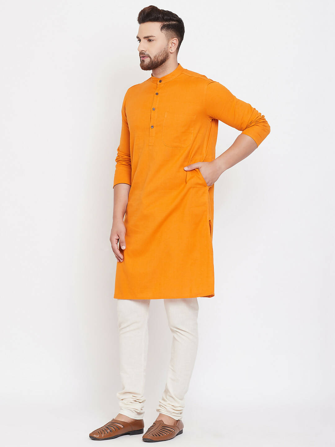 Even Apparels Pure Cotton Men's Kurta With Band Collar in Yellow Color | Swadesiicart