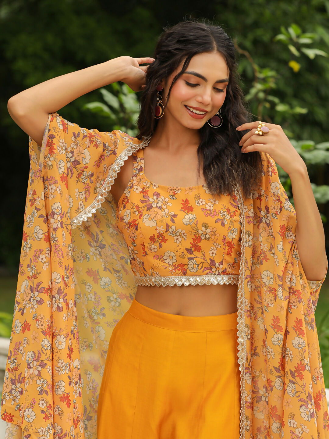 Janasya Mustard Georgette Floral Top Bottom Cape | Swadesiicart