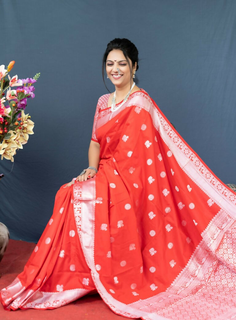 Jyoti Fashion Women's Red Soft Banarasi Silk Zari Woven Saree with Blouse | Swadesiicart
