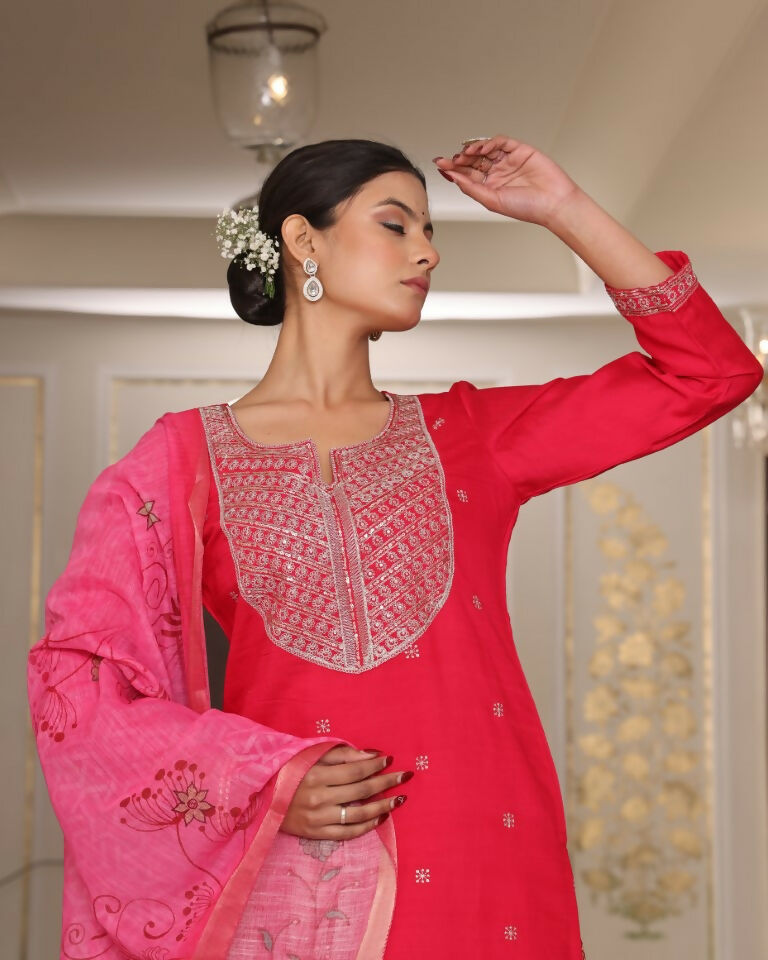 Jyoti Fashion Women's Pink Cotton Silk Floral Print with Embroidered Kurta Set | Swadesiicart