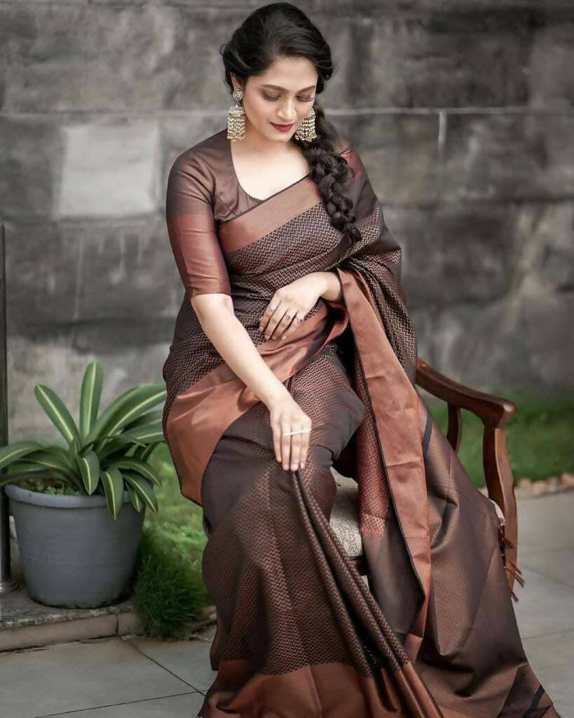 DEIANA'S Beautiful Designer Golden zari Soft Lichi Silk Saree - Mehandi - Swadesiicart