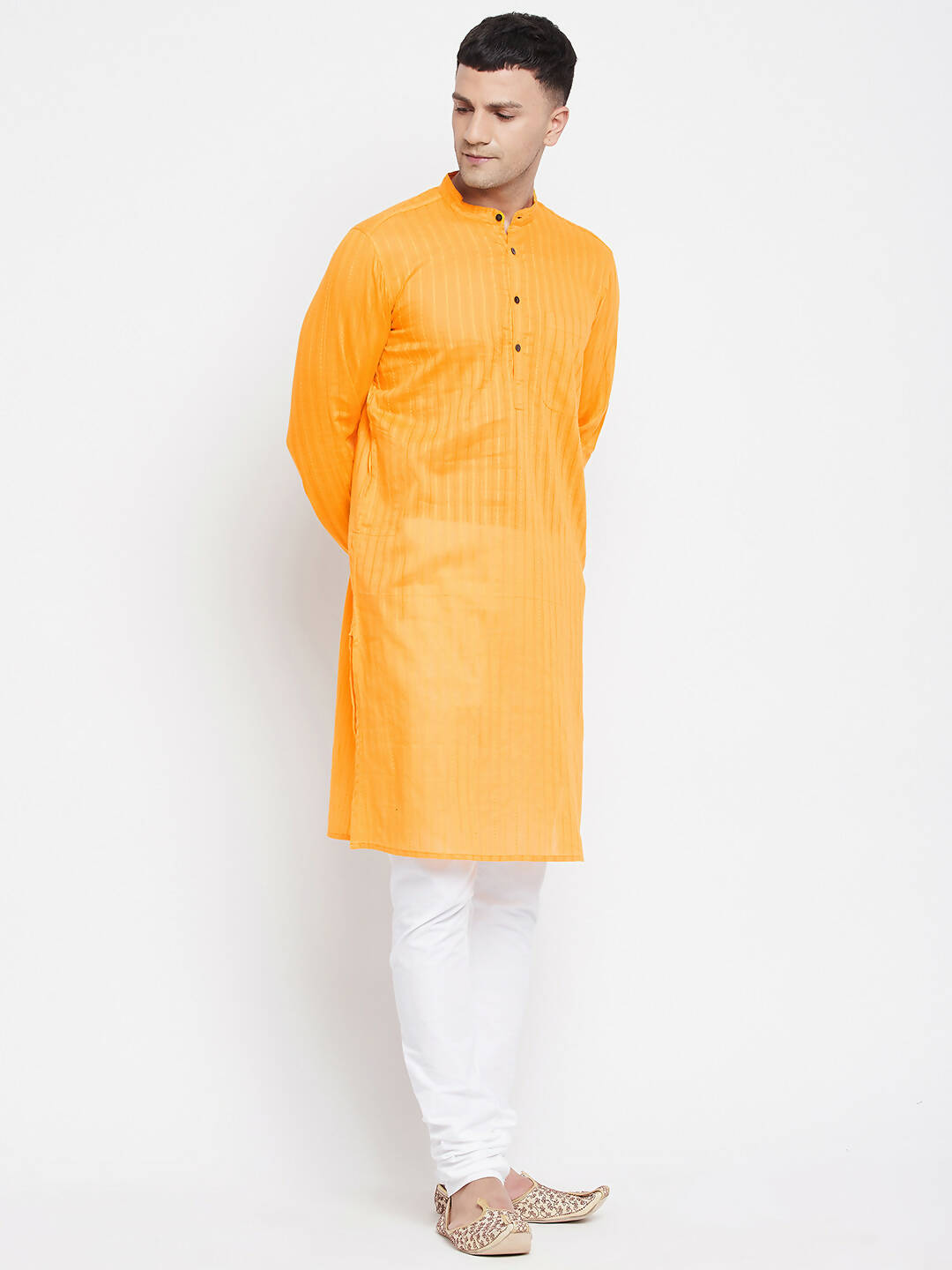 Even Apparels Men's Pure Cotton Kurta With Band Collar in Yellow Color | Swadesiicart