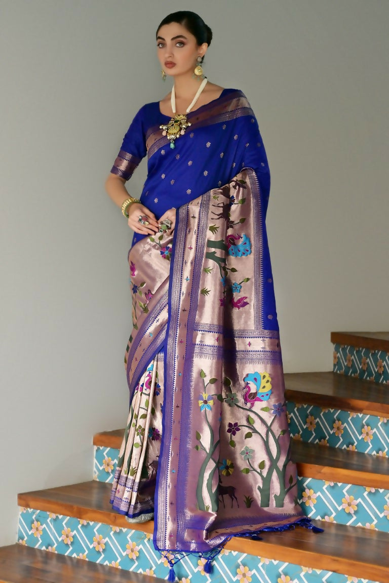 Vishnu Weaves Women's Royal Paithani Silk Zari Woven Saree with Blouse - Swadesiicart