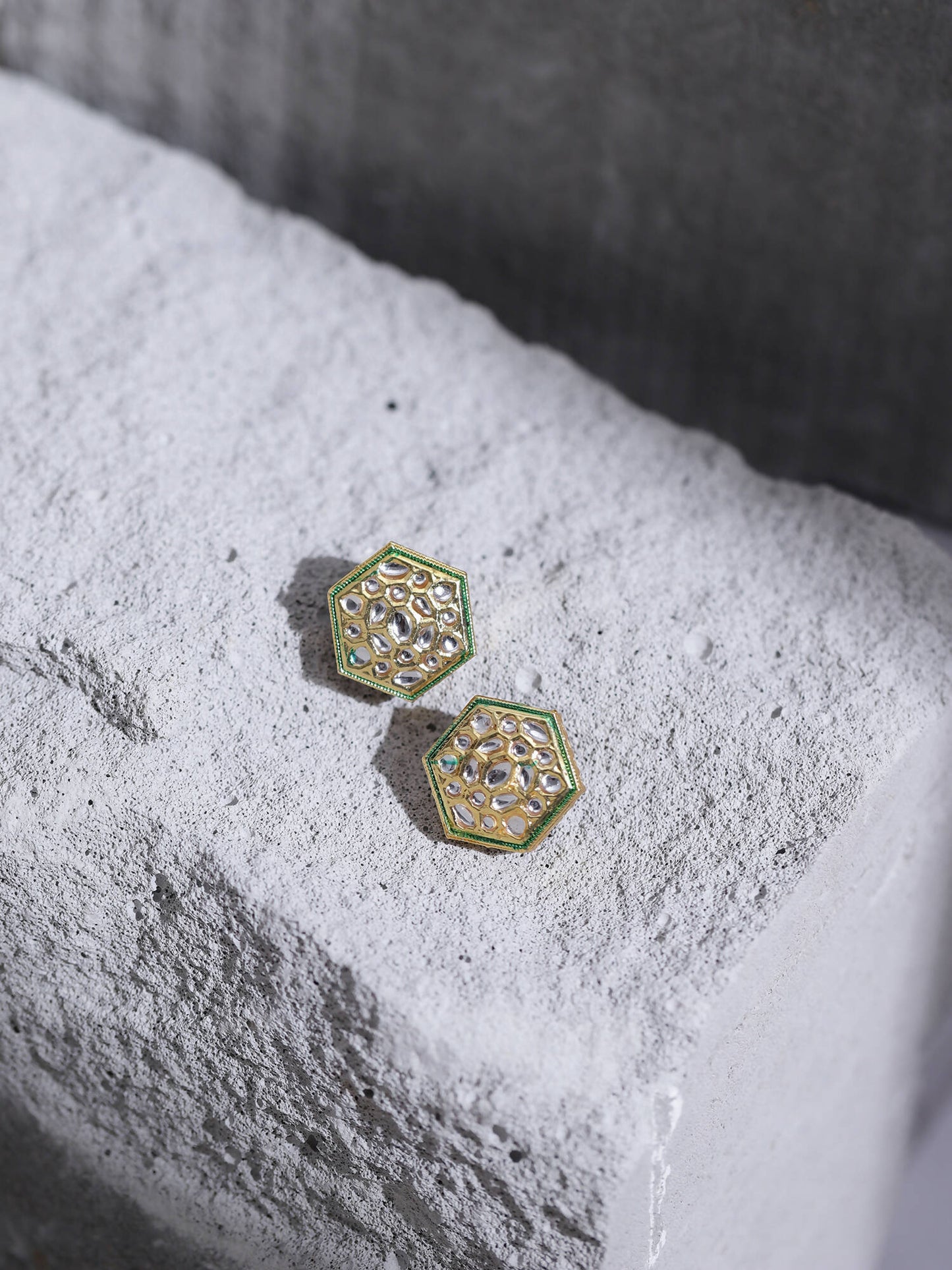 Gold-Toned White Kundan Contemporary Gold-Polished Studs Earrings - Ruby Raang - Ruby Raang Studio