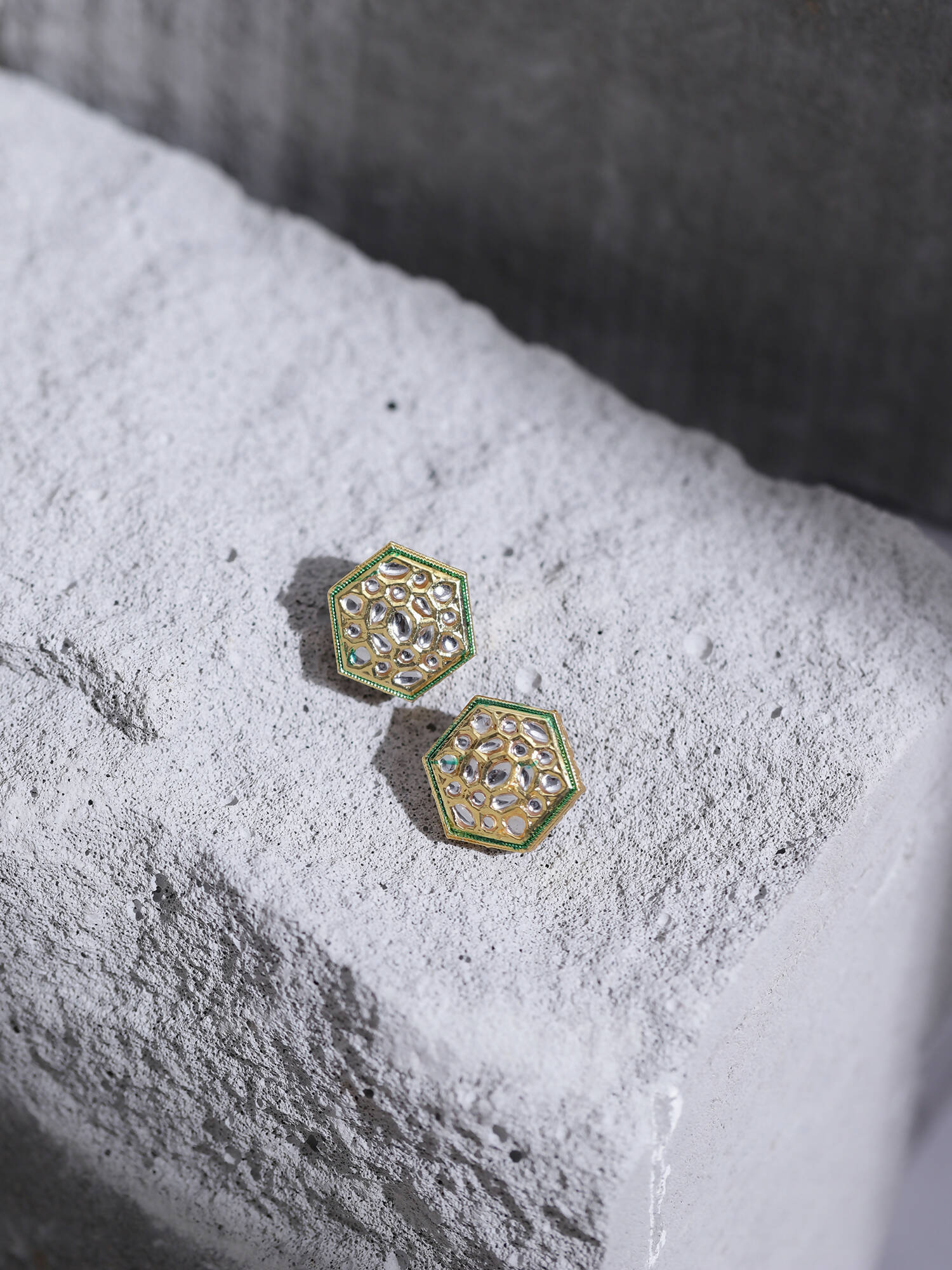 Gold-Toned White Kundan Contemporary Gold-Polished Studs Earrings - Ruby Raang - Ruby Raang Studio