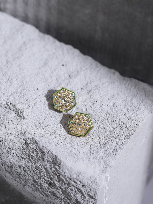 Gold-Toned White Kundan Contemporary Gold-Polished Studs Earrings - Ruby Raang - Ruby Raang Studio