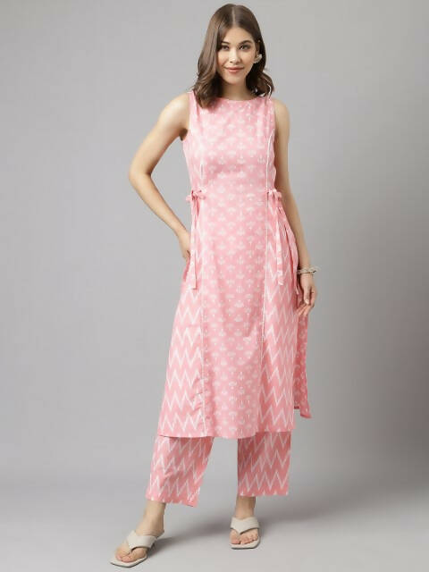 FIORRA Women's Baby Pink Cotton A-Line Kurta Set - Swadesiicart
