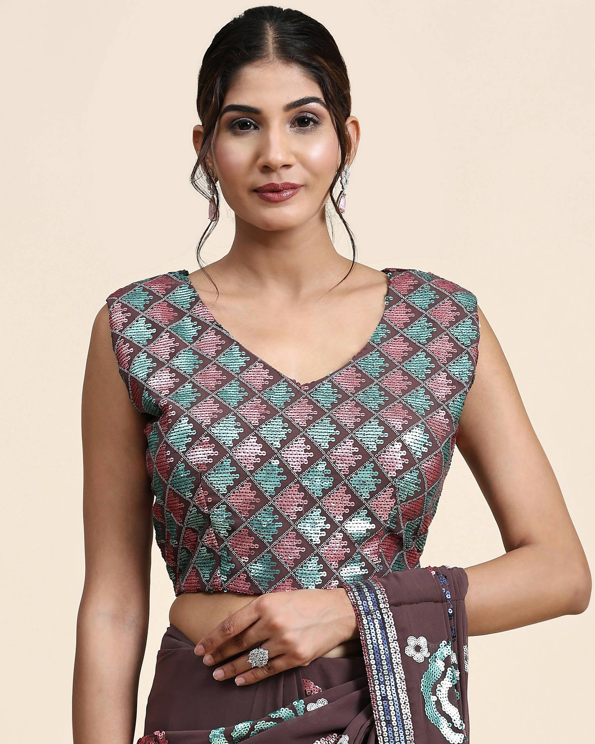 Brown Pure Georgette Sequence work Ready to wear Saree with stitched Blouse - Nirvana | Swadesiicart