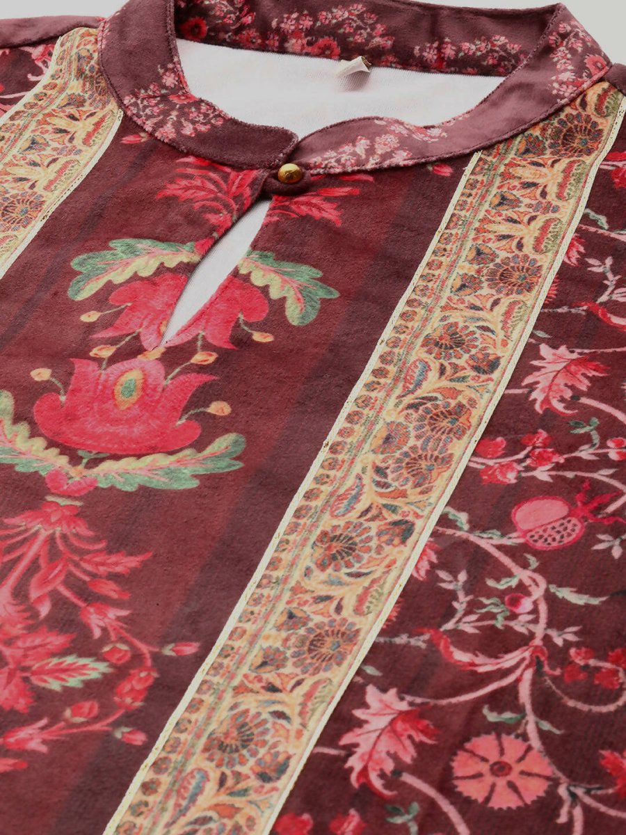 Ahalyaa Women Burgundy & Golden Floral Printed Gotta Patti Floral Velvet Kurta | Swadesiicart