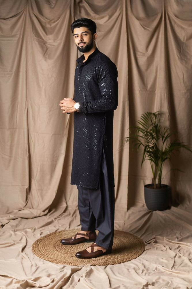 Black Rayon Thread Embroidery Work Kurta Set - Mahotsav