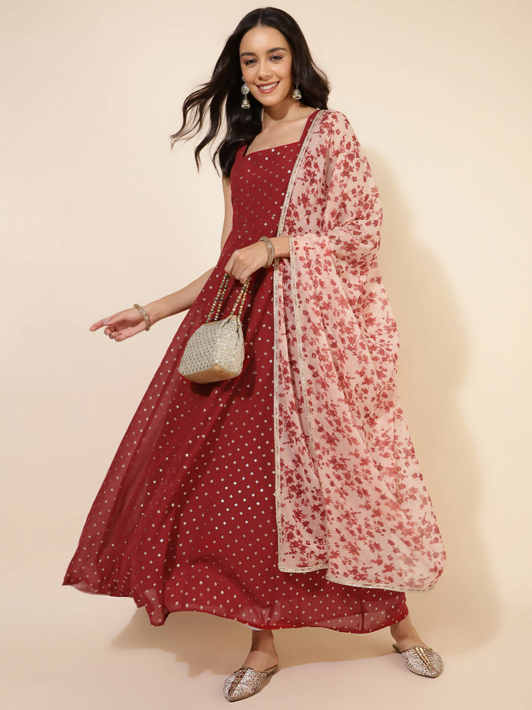 Janasya Women's Red Georgette Foil Printed Festive Anarkali Kurta Set | Swadesiicart