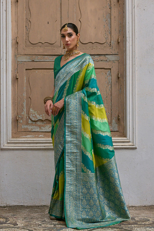 Vishnu Weaves Women's Green Banarasi Silk Zari Woven Saree with Blouse - Swadesiicart