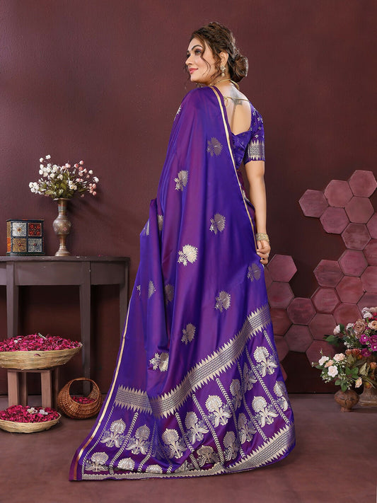 Joban Fashion Purple Floral Motifs Banarasi Silk Sarees | Swadesiicart