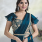 Teal Blue Two Tone Satin Silk Designer Ready to wear saree with stithced Blouse - Mohmanthan Aura | Swadesiicart